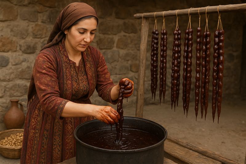 A woman dips basturma into spiced paste, with sausages hanging to dry behind her.