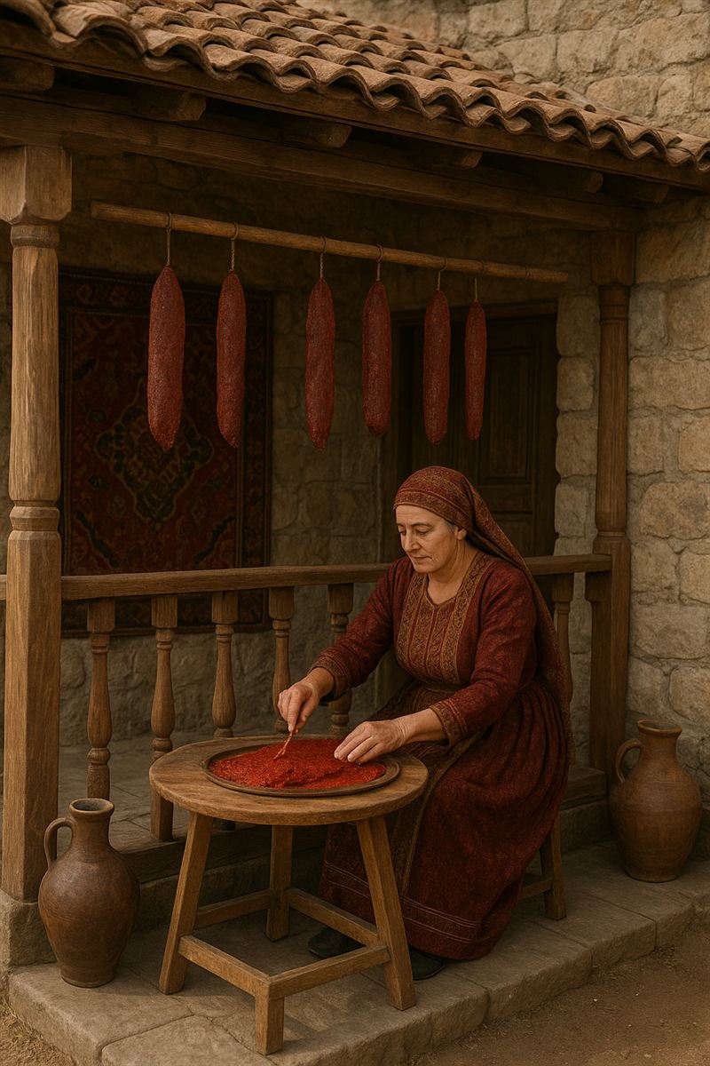A woman in a deep red traditional dress spreads red spice paste on a stone porch, with sausages hanging to dry from a wooden beam above her.