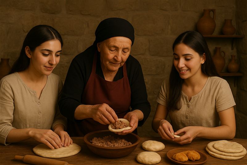 A grandmother works dough alongside two younger women, folding dumplings together at a flour dusted table.