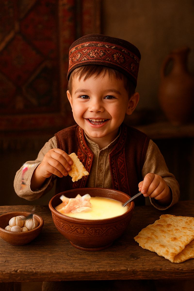 A smiling young boy in an embroidered cap and vest dips lavash into a clay bowl of khash, with garlic and more lavash on the table.