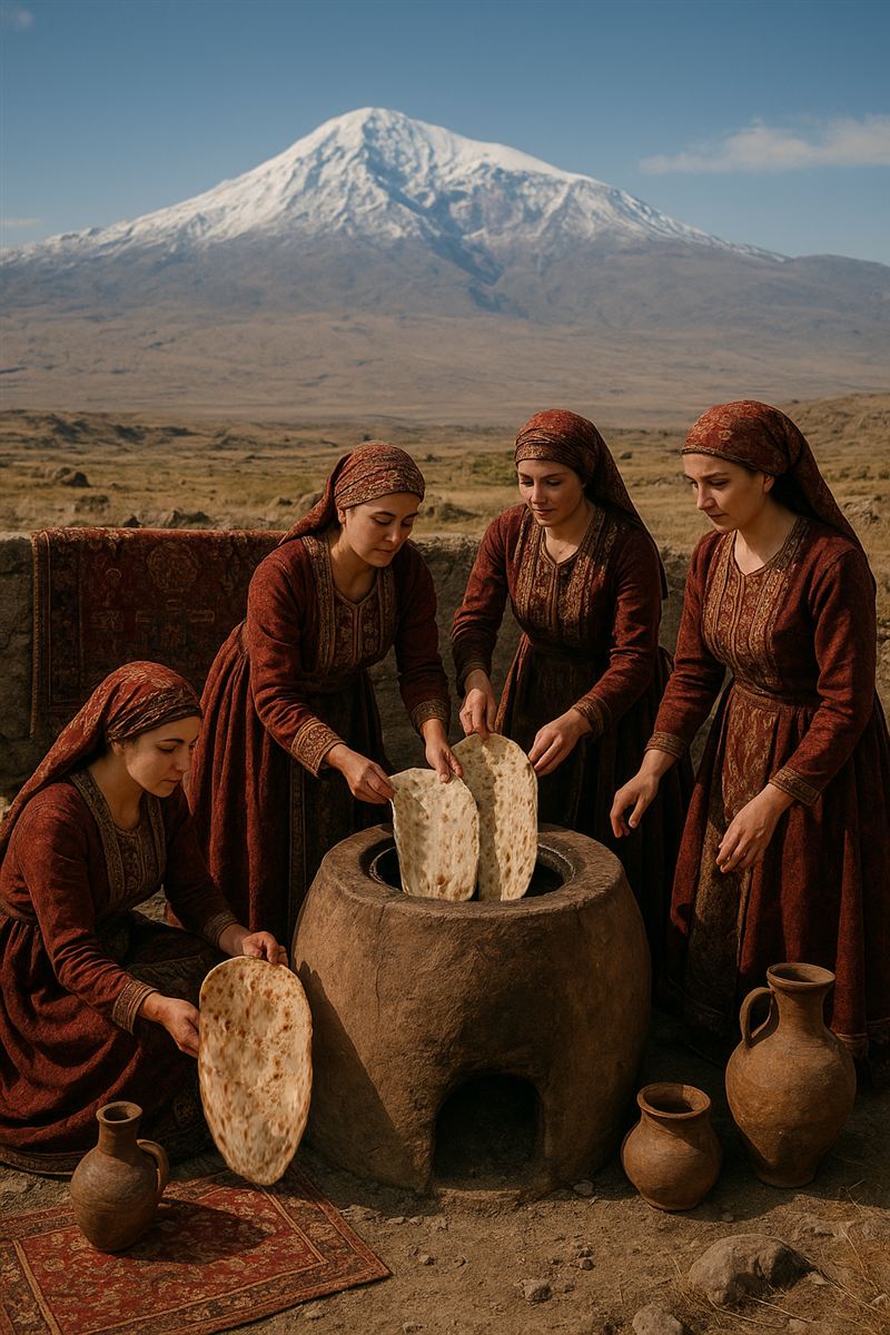 Four women in traditional red dresses bake lavash at a clay tonir oven in the open air, with Mount Ararat rising behind them.