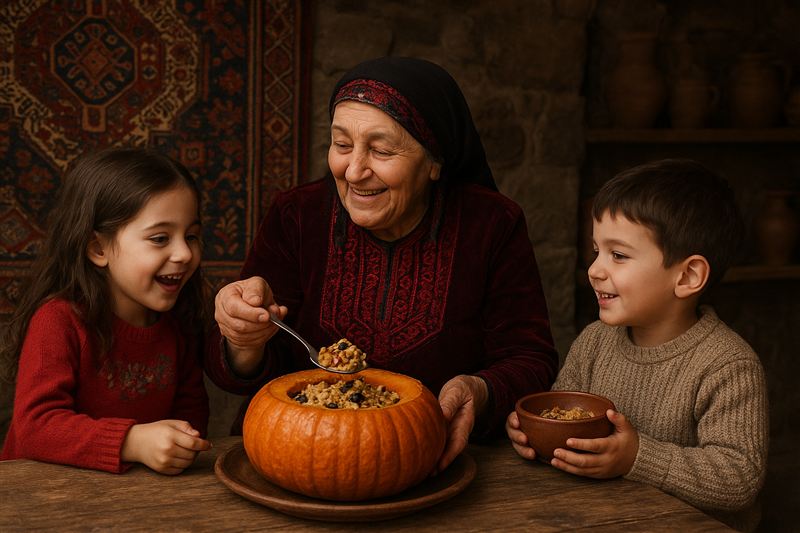 A grandmother spoons ghapama, a baked stuffed pumpkin, to two young children seated beside her.