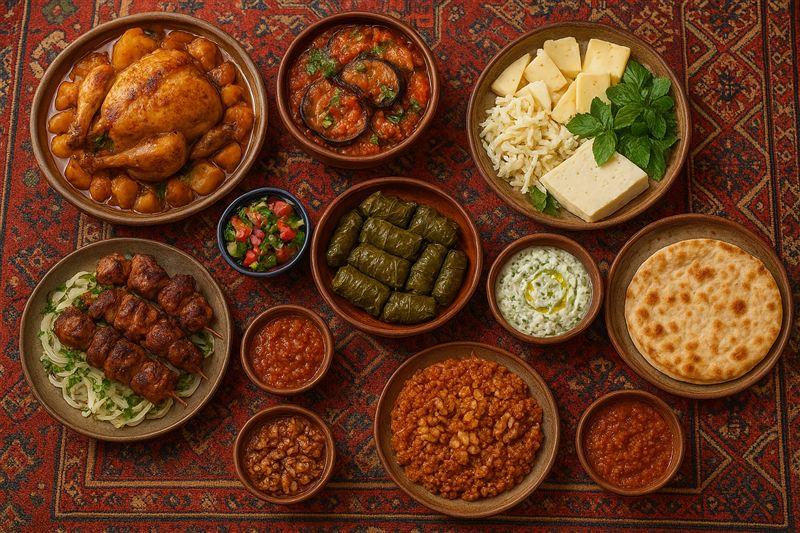 An overhead view of Armenian dishes on a red patterned rug: roast chicken with potatoes, dolma, kebabs, cheeses with basil, lavash, and small bowls of sauces and salads.