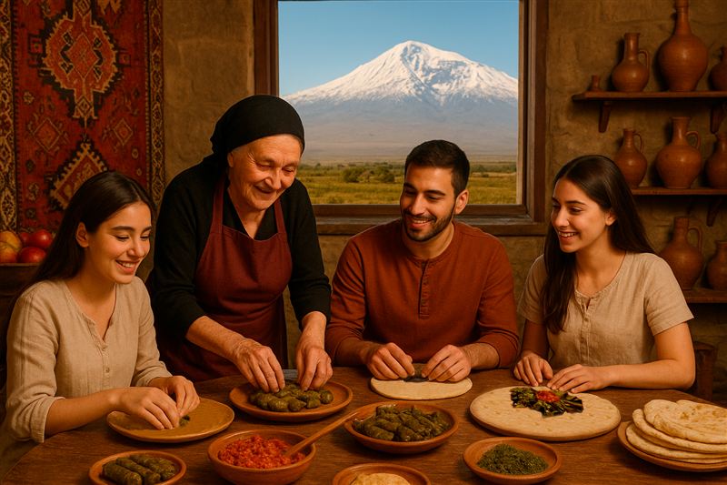 A grandmother and three young adults smile as they roll dolma together at a wooden table, with snowcapped Mount Ararat framed in the window behind them.
