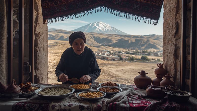 A grandmother sits at an open window laying out dried fruits, nuts, and sweets, with a village and a snowcapped mountain in the distance.